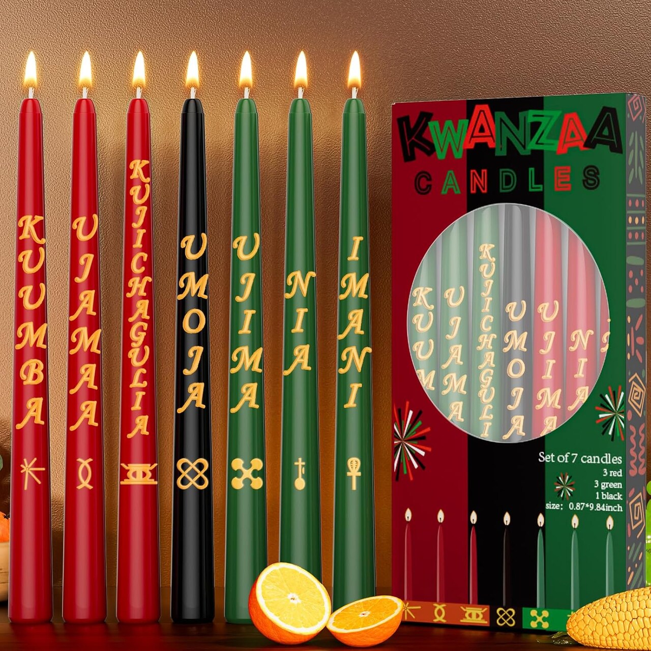 Kwanzaa Taper Candles Set of 7 with Words, 3 Red, 3 Green, 1 Black Kinara 10 Inch Tall Hand Dipped Unscented Candles for Celebrates Happy Kwanzaa African Traditional Dinner Table Decorations